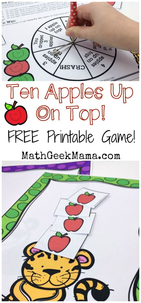 This super cute printable math game is perfect to play with the book, "Ten Apples Up On Top!" Kids can practice counting and adding and subtracting to 10! Plus, it's a great way to combine math and reading! Ten Apples Up On Top, Printable Math Games, Free Math Games, Math Night, Apple Preschool, Math Geek, Apple Activities, Prek Math, Apple Theme