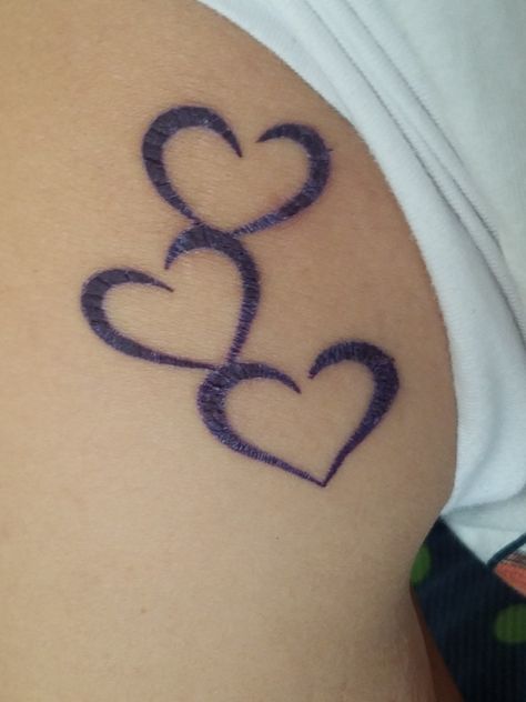 4 Connected Hearts Tattoo, 3 Connecting Hearts Tattoo, Purple Hearts Tattoo, Triple Heart Tattoo, 3 Hearts Connected Tattoo Ideas, Purple Heart Tattoo For Women, Purple Heart Tattoo, Purple Heart Tattoos, Ms Tattoos