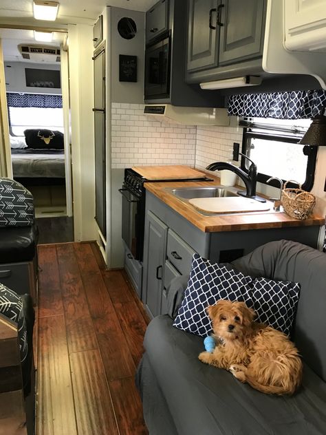 Motorhome Remodel ~ Part 7 (Wrap-Up & Before/Afters) Class A Rv Remodel, Ikea Butcher Block, Motorhome Remodel, Bronze Spray Paint, Dog Seat Belt, Arrow Fabric, Class A Rv, Wood Adhesive, Dinette Tables