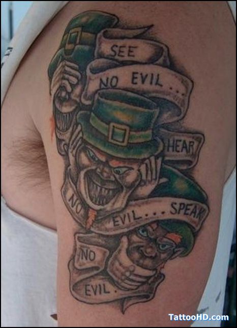 Irish tattoos. Do these monkeys reind anyone else from the circus monkeys from the rugrats movie when tommys brother dill was born. And any one notice dill pickle? Ira Tattoo, Irish Tattoos For Men, Nick Tattoos, Tattoo Irish, Leprechaun Tattoos, Tattoo Font For Men, Evil Tattoo, Irish Tattoos