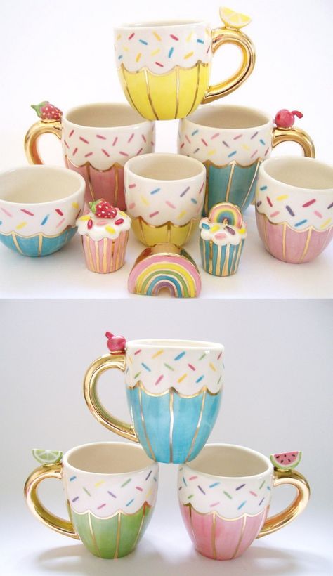 Cupcake Rainbow, Ceramics Cups, Cupcakes Design, Diy Canvas Art Easy, Fruit Strawberry, Diy Pottery Painting, Coastal Dining, Painted Pots Diy, Pottery Painting Designs