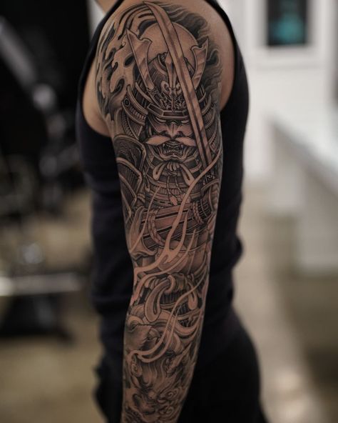 Jason Lau’s Instagram photo: “Samurai and foodog full sleeve completed. Thank you William for trusting me with your first tattoo. See you at the next one!” Sleeve Hand Tattoo, Hand Tattoo For Men, Arm Tats, Full Arm Tattoos, Full Sleeve Tattoo, Hand Tattoos For Guys, Sleeve Men, Hand Tattoo, Arm Tattoos For Guys