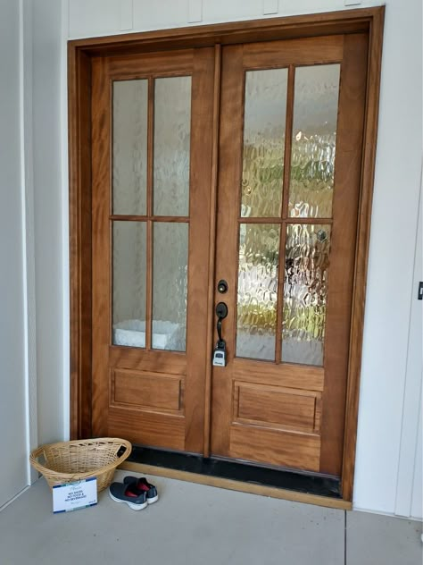 Two Panel Glass Front Door, Cedar Stained Front Door, Wood French Front Doors, Thermatru Front Door Driftwood, Raw Wood Front Door, Double Farmhouse Doors, Front Door Craftsman Style, Flemish Glass Front Door, Craftsman French Doors