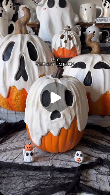 Intheworkplace on Instagram: "DIY Ghost Pumpkin! Annnnd all the supplies can be found at Target! 🙂‍↔️ YouTube video coming soon 🖤👻 Tag me if you try it! 🫶🏽  Supplies: Carvable Pumpkins/Foam Pumpkins Air dry clay  Rolling pin  Paint  Sanding paper  Instructions: - Lightly sand (with proper ppe and in a well ventilated area) your pumpkin, this will allow for the clay to stick better - roll out air dry clay, add water as needed but not too much; consistency should be almost playdough like!  - trace and cut out your sheet (make sure it’s a thick enough piece to be able to press inward for eyes and mouth)  - add clay and cut hole for pumpkin stem  - create your draping, how you want it to look and smooth it out using water (don’t use too much water) - firmly press into clay to create eyes, Ghost Pumpkins Painting, Diy Ghost Pumpkin, Fake Pumpkin Crafts, Air Clay Pumpkin, Air Dry Pumpkins, Pumpkin Air Dry Clay, Ghost Pumpkin Painting Ideas, Clay Pumpkin Ideas, Air Dry Clay Ghost Diy