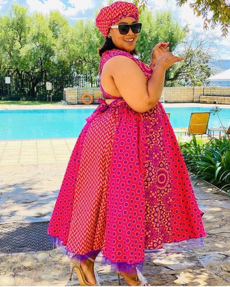 Shweshwe Patterns, Shweshwe Dresses Patterns, Black Hair Protective Styles, African Print Maxi Dress, South African Traditional Dresses, Purple Long Sleeve Dress, African Traditional Wear, Mama Africa, Shweshwe Dresses