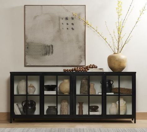 Iron Sideboard, Traditional Windows, Barn Living, Wood Buffet, Black Cabinet, Black Sideboard, Tempered Glass Door, Construction Crafts, Cord Management