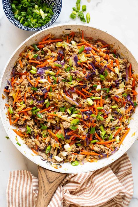 Ground Turkey Egg Roll in a Bowl (15 Minutes) - iFoodReal.com Clean Eating Egg Roll In A Bowl, Turkey Power Bowls, Ground Turkey Egg Roll In A Bowl, Turkey Egg Roll In A Bowl, Turkey Quinoa Bowl, Asian Turkey Lettuce Wraps, Vegetarian Egg Rolls, Crispy Vegetables, Shrimp Egg Rolls