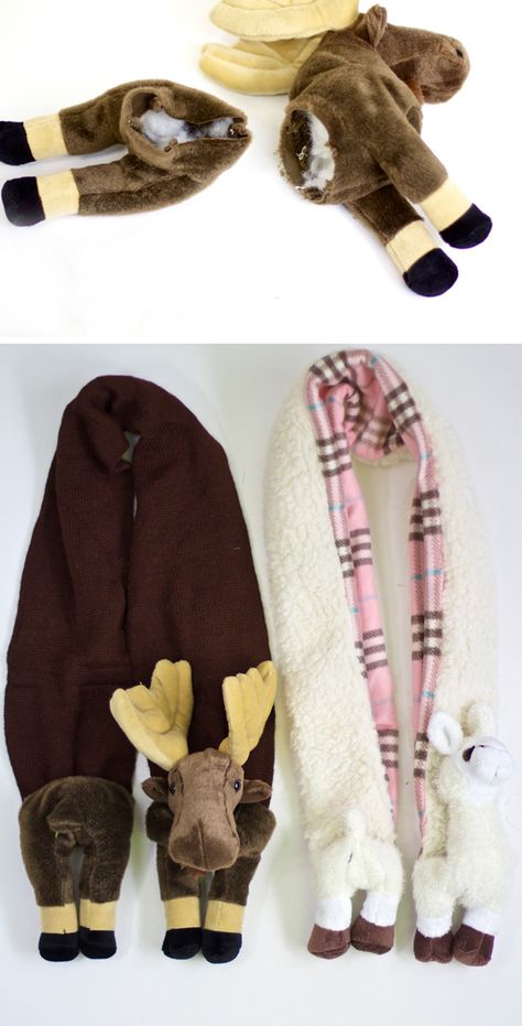 DIY animal scarfs out of stuffed animals Animal Scarf, Couture Bb, Sewing Stuffed Animals, Diy Scarf, Diy Couture, Fabric Projects, Learn To Sew, Sewing For Kids, Sewing Clothes