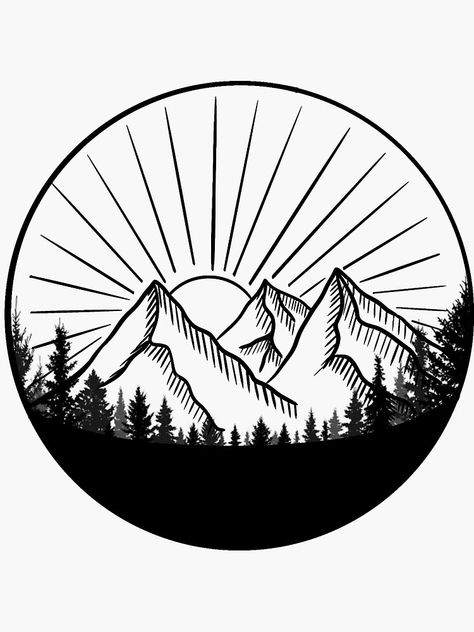 "Landscape Mountain Sunrise" Sticker for Sale by Shayla-Michelle | Redbubble Mountain Sunrise Tattoo, Sunrise Sketch, Sunrise Over Mountains Tattoo, Sun And Mountain Drawing, Wood Burned Mountains, Pyrography Trees And Mountains, Wood Burning Trees And Mountains, Pyrography Mountain Scene, Sunrise Tattoo