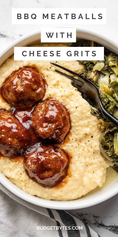 BBQ Meatballs with Cheese Grits Meatballs With Cheese, Budget Friendly Dinner Recipes, How To Cook Grits, Homemade Bbq Sauce Recipe, Cheese Stuffed Meatballs, Raking Leaves, Bbq Meatballs, Cheesy Grits, Tangy Bbq Sauce