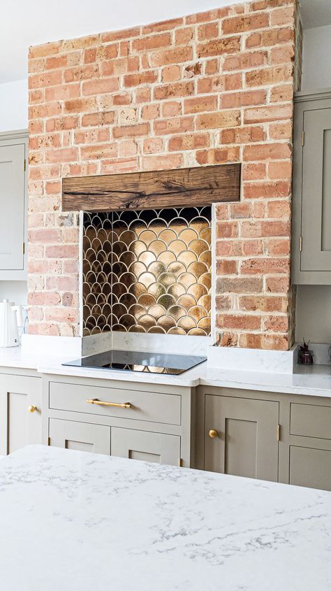 Interview with a renovator - Georgie and Matt's 1930s house kitchen makeover | Fifi McGee | Interiors + Renovation Blog Chimney Breast Kitchen, Chimney Breast Ideas, Brick Chimney Breast, 1930s House Renovation, Porcelain Superstore, Kitchen Chimney, Brick Chimney, 1930s House, Gorgeous Tile