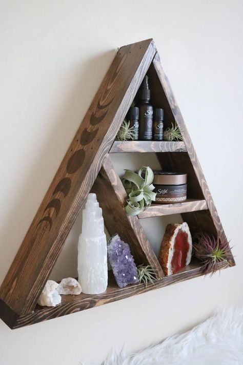 Small Woodworking Projects Altar Shelf, Moon Color, Diy Hanging Shelves, Triangle Shelf, Crystal Shelves, Shelf Design, Hanging Shelves, Diy Shelves, Moon Phases