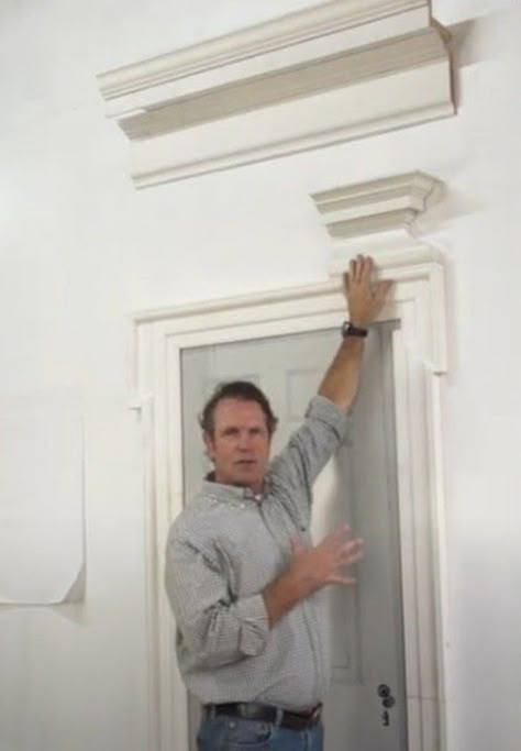 Diy Door Header, Door Casing Ideas Moldings Entryway, Front Door Millwork, Molding Above Door, Door Header Ideas, Door Entablature, Molding On Doors, How To Build A Header For A Door, Wide Door Frame Molding