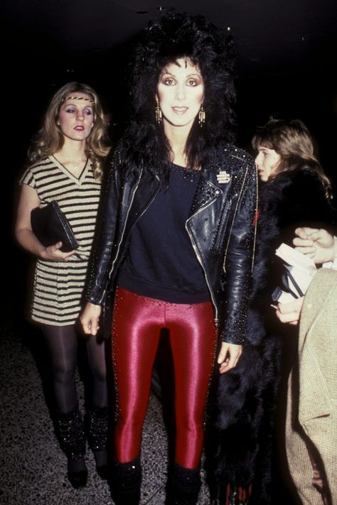 Leather/pleather jackets, shiny, brightly coloured leggings/tights, big hair, lots of blush 80s Cher, Fashion 80s Women, Cher 80s, Cher Looks, 1980s Outfits, Cher Outfits, Black Leather Outfit, 1980s Fashion Trends, 80s Fashion Trends