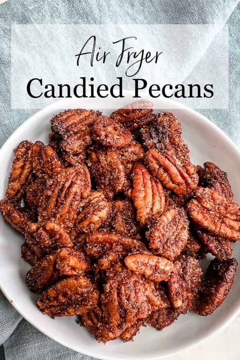 Air Fryer Candied Pecans - Sweet and spicy pecans are an easy recipe made from simple ingredients. Delicious snack has the perfect crunch for salads, great for charcuterie boards, and make amazing gifts during the holiday season. Air Fry Pecans, Roast Pecans In Air Fryer, Toasted Pecans In Air Fryer, Roasted Pecans In Air Fryer, Air Fryer Pecans Recipe, Air Fryer Pecans, Air Fryer Candied Pecans, Spicy Pecans Recipe, Sweet And Spicy Pecans