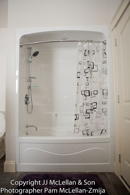 one piece tub/shower with upgraded telephone shower One Piece Tub Shower Combo, One Piece Tub Shower, Bathroom Closet Storage, Tub Shower Combo Remodel, Bathroom Door Ideas, Old Bathtub, Bathtub Shower Combo, Bathroom Tub Shower, Grab Bars In Bathroom