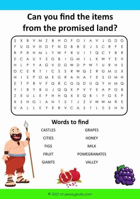 The 12 Spies and the Promised Land - Word Search for kids Bible Story For Kids, Word Search For Kids, Bible Word Searches, Promise Land, Sunday School Coloring Pages, Bible Stories For Kids, Sunday School Teacher, Word Searches, Coloring Sheets For Kids