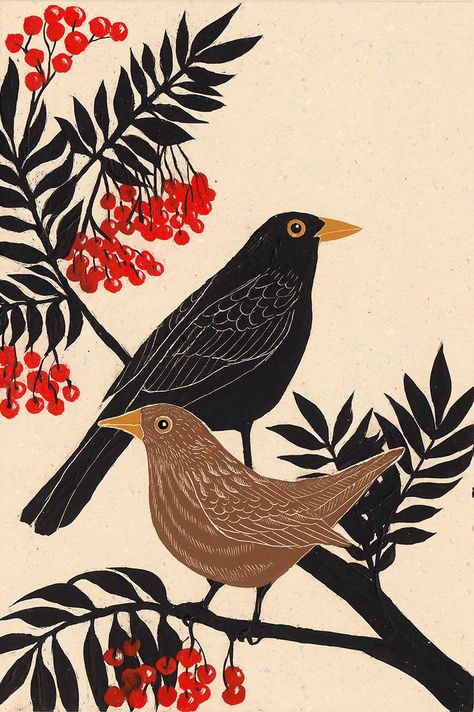 Blackbirds on Behance Blackbird Art, Linocut Printmaking, Linocut Art, Cat Air, George Orwell, Bird Drawings, Bird Illustration, Linocut Prints, Birds Painting