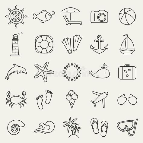 Beach Theme Tattoos, Small Beach Tattoos, Collage Tattoo, Sea And Beach, Sea Drawing, Summer Drawings, Beach Drawing, Zestaw Ikon, Theme Tattoo