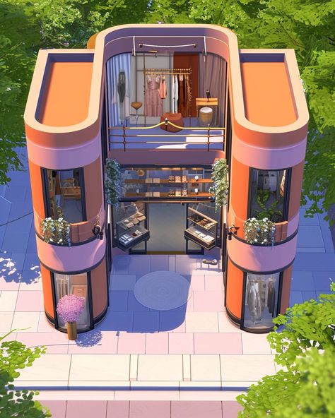 in the style of SIMS 4 building, clothing store, in the style of smooth surfaces, pink and orange, top views --v 6   --style raw Sims Shop Ideas, Sims Retail Store, Clothing Store Sims 4, Sims 4 Clothing Store Build, Sims 4 Shopping Mall, Sims 4 Clothing Store, Sims 4 Retail Cc, Sims 4 Retail Store, Sims 4 Shop