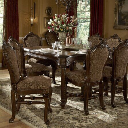 Michael Amini Windsor Court 9 - Piece Counter Height Butterfly Leaf Solid Wood Dining Set | Wayfair Formal Dining Room Sets, Set Meja Makan, Gathering Table, Michael Amini, Solid Wood Dining Set, Counter Height Dining Table, 7 Piece Dining Set, Rectangle Dining Table, Counter Height Dining Sets