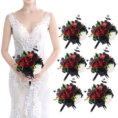 PRICES MAY VARY. WEDDING BRIDESMAID BOUQUETS - Handmade black roses bouquets are exquisite workmanship and very realistic, perfect for Halloween decor, wedding bridesmaids bouquets, black & red flower toss or wedding photography props and are a great addition to bridal arrangements. BRIDESMAID BOUQUET INCLUDES - Bridesmaids bouquets includes 6 bunches consisting of different shades of black roses, red roses, peonies, dahlias, and willow leaves, The combination of burnt orange, ivory, and green i Black Wedding Flowers Bouquet, Red And Black Wedding Bouquets, Red And Black Bouquets, Wedding Bouquets Red And Black, Red And Black Cascading Bouquet, Gothic Bridesmaids, Gothic Wedding Bouquet Red And Black, Black Rose Bouquet, Black Wedding Flowers