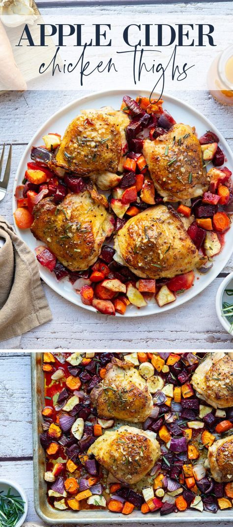 Apple Cider Chicken, Cider Chicken, Chicken Thighs Baked, Pan Seared Chicken Thighs, Apple Cider Glaze, Juicy Chicken Thighs, Calories In Vegetables, Roasted Root Veggies, Maple Recipes