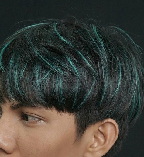 Blue Hair Color Men, Hair Highlights For Men, Silly Hairstyles, Boys Hair Highlights, Men Hair Color Highlights, Dark Blue Hair Color, Masc Hairstyles, Hair Color Men, Green Hair Men