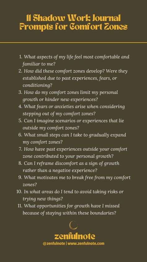 Engaging with these shadow work prompts and gradually exploring areas beyond your comfort zones can lead to personal growth, resilience, and an expanded sense of self. Remember, growth often happens just outside the boundaries of familiarity. Shadow Work Prompts, Shadow Work Journal Prompts, Work Journal Prompts, Shadow Work Journal, Work Journal, Sense Of Self, Shadow Work, Journal Prompts, Comfort Zone