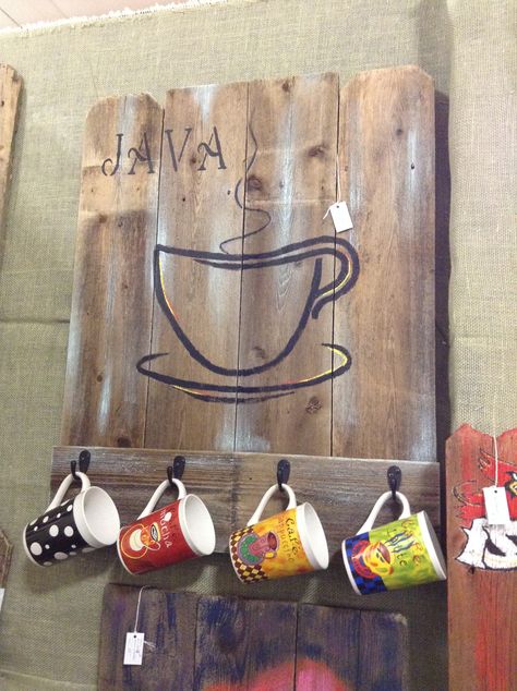 This is a cute idea for a coffee cup holder. Get some old barn wood, paint a cute design, add some hooks and hang it in the kitchen! Tea Station, Coffee Cup Holder, Old Barn Wood, Wood Paint, Old Barn, Cute Design, Furniture Ideas, Barn Wood, A Coffee