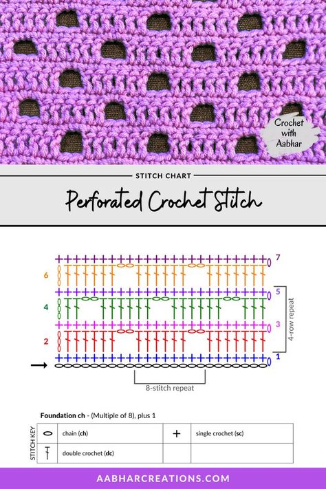 Perforated crochet stitch tutorial with free pattern, instructions, crochet chart, and video tutorial from aabharcreations Crochet Stitch Chart, Shawl Ideas, Crochet Shawl Tutorial, Shawl Tutorial, Crochet Stitch Pattern, Poncho Patterns, Crochet Stitches Chart, Crochet Charts, Crochet Stitches Diagram