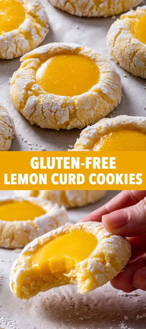 Gluten Free Lemon Curd Cookies - These are THE BEST lemon cookies you’ll ever make. They’re perfectly zesty, buttery and so tender that they simply melt in your mouth, and they’re baked with generous dollop of tangy, creamy lemon curd in the centre. And in addition to their incredible flavour, they look gorgeous as well! If you love lemon desserts, you need to try this one. Gluten free cookies. Gluten free recipes. Gluten free desserts. How to make lemon curd. Lemon crinkle cookies. Gluten Free Lemon Curd Cookies The Loopy Whisk, Eggless Lemon Cookies, Gluten Free Lemon Curd Cookies, Gluten Free Crinkle Cookies, Lemon Rosemary Cookies, Best Lemon Cookies, Gluten Free Lemon Squares, Keto Lemon Cookies, Gluten Free Lemon Cookies