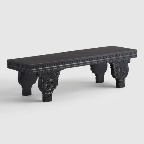 Black Carved Wood Low Bench | World Market Country Bench, Low Bench, How To Make Decorations, Bench Decor, Wood Console, Entryway Furniture, Wood Bench, Hand Crafted Furniture, Affordable Home Decor