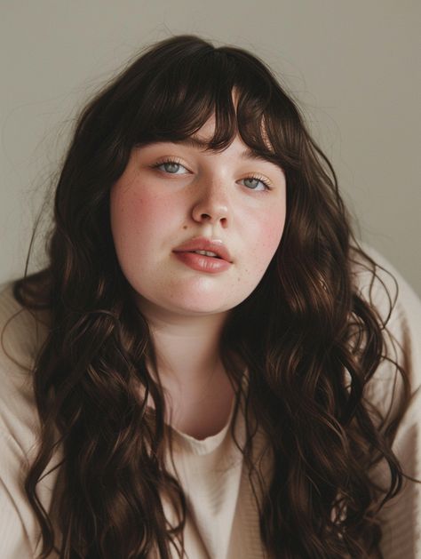 23 Flattering Bangs for Chubby Faces: Best Long Hair Styles Explained Hair Styles For People With Round Faces, Round Face Bangs Long Hair, Betty Bangs Round Face, Hair For Wide Face, Bangs On Chubby Face, Chubby Face Reference, Round Face Reference, Plus Size Bangs Hair, Haircuts For Round Faces Medium Length