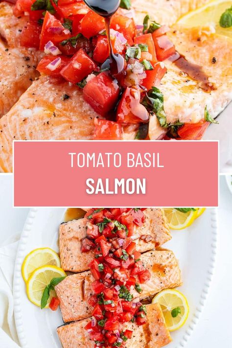 This Tomato Basil Salmon is a delicious oven roasted salmon topped with a simple tomato basil relish. It has such a fresh flavor, with a vibrant presentation, yet takes less than 30 minutes to make. This makes it a great option for a weeknight dinner, or when you need to impress. Basil Salmon Recipes, Salmon And Tomato Recipes, Salmon Tomato Recipe, Tomato Basil Salmon, Mediterranean Diet Fish, Tilapia Seasoning, Basil Salmon, Tomato Basil Recipes, Oven Roasted Salmon