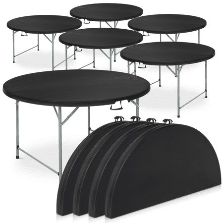 Magshion folding plastic table is a clean-looking, versatile piece perfect for use indoors or outdoors. It folds in half with a carry handle, so you can easily take it out and about with you when you're camping or enjoying a day out in the countryside. In addition, the steel frame legs provide the support needed to have our plastic folding tables stand up to heavy static loads. It is a great compact table for camping, picnics, caravanning, and for use where space is an issue. Item Specification: Size: (L)54.0" (W)54.0" (H)29.5".  Color: Black. Round Party Tables, Temporary Table For Party, Wedding Catering Display, Party Rentals Business, Plastic Folding Table, Camping Picnic Table, Party Stations, Compact Table, Foldable Dining Table