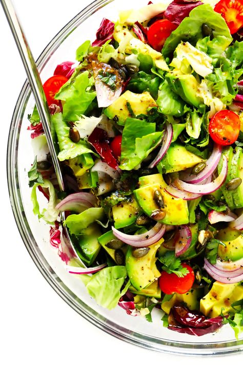 This delicious Everyday Mexican Salad recipe is quick and easy to make, totally customizable with your favorite ingredients, and it can work perfectly as a side salad or main dish! Feel free to add extra protein (chicken, steak, carnitas, shrimp, salmon, tofu, etc.), beans, cheese, or veggies if you would like! | gimmesomeoven.com #salad #mexican #healthy #side #avocado #vegetarian #vegan #glutenfree #dinner #mealprep Axis Recipes, Steak Carnitas, Salmon Tofu, Salad Week, Salad Mexican, Enchiladas Recipes, Mexican Entrees, Mexican Salad Recipes, Mexican Salad