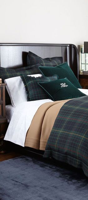 Nest by Tamara: Why In Design: For The Love Of Black Watch Tartan Tartan Bedding, Plaid Bedding, Masculine Bedroom, Best Bedding Sets, Sanctuary Bedroom, Top Beds, Green Bedding, Luxury Bedding Sets, House Remodel