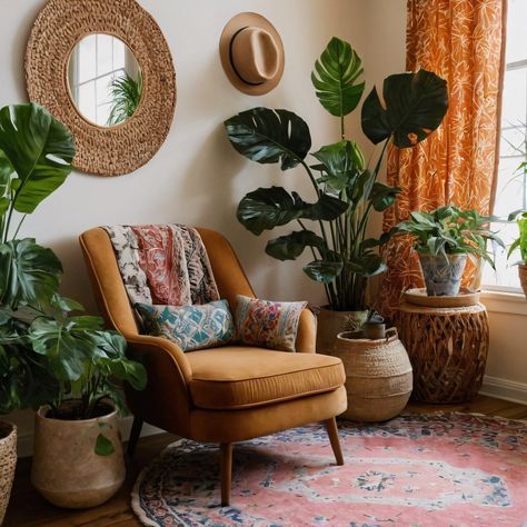 ⚠️LINK IN BIO⚠️ A serene bohemian reading nook with a cozy armchair, lush greenery, and a delightful mix of textures and patterns for a relaxing atmosphere. #ReadingNook #Bohemian #Cozy #Plants #Textures Bohemian Armchair, Cozy Armchair, Room Moodboard, Cozy Bohemian, Textures And Patterns, Relaxing Atmosphere, Lush Greenery, Reading Nook, Nook