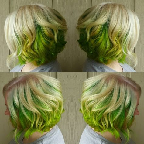 Blonde and lime green hair Green And Platinum Hair, Blonde Hair With Lime Green Highlights, Lime Hair Color, Blonde Green Hair, Green Blonde Hair, Blonde And Green Hair, Green And White Hair, Lime Green Hair Streaks, Lime Green And Orange Hair