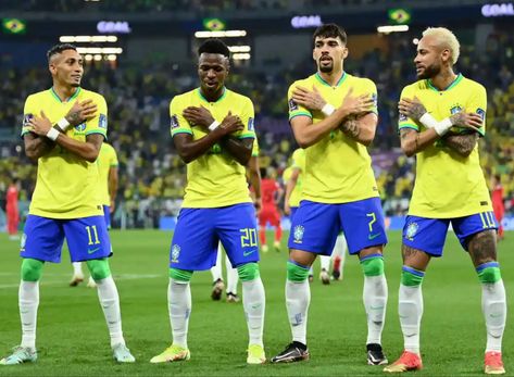 Brazil's Vinicius Junior celebrates scoring their first goal with teammates Raphinha, Lucas Paqueta and Neymar. Photograph: Annegret Hilse/Reuters Vini Junior, Brazil Players, Brazil Wallpaper, Celebration Dance, Silly Pics, Goal Celebration, Papel Vintage, Soccer Boyfriend, Silly Pictures