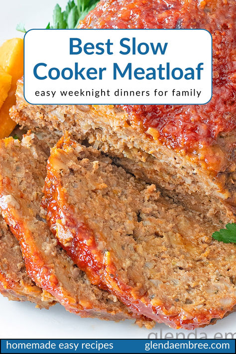 Slow Cooker Meatloaf sliced on a white platter and surrounded by sweet potatoes and parsley garnish. Crockpot Meatloaf With Stuffing, Meatloaf With Stove Top Stuffing Crockpot, Slow Cooker Meatloaf And Potatoes, Meatloaf On The Stove, Meatloaf In Crockpot Slow Cooker, Meatloaf With Stove Top Stuffing And Bbq, Tender Meatloaf, Crock Pot Meatloaf, Stuffing Meatloaf