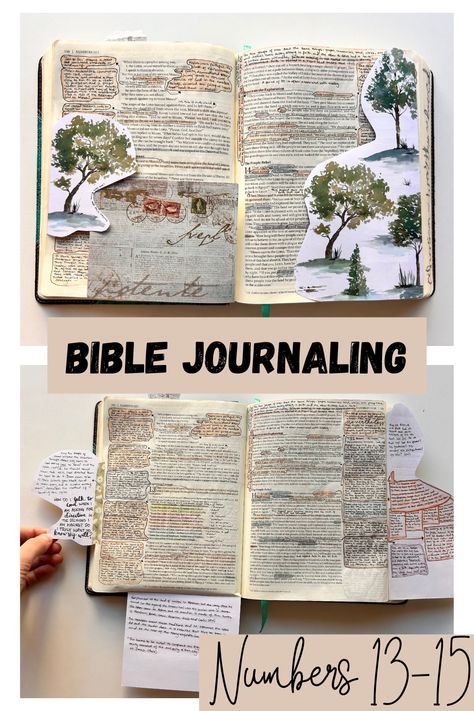 Numbers 13 Adding Pages To Bible, Bible Junk Journal, Bible Scrapbooking Ideas, Scripture Journaling Ideas, Numbers Bible Journaling, Bible Decorations Ideas, Christian Scrapbook, Bible Scrapbook, Bible Scrapbooking