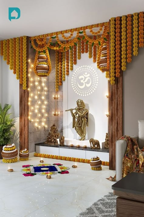 Simple Janmashtami Home Decoration Ideas Hanging Oil Lamp, Small Mandir Decoration Ideas At Home, Vastu Decoration For Home, Pooja Room Flower Decoration, Vastu Pooja Decoration, Simple Flower Decoration At Home, Krishna Mandir At Home, Krishna Idol Decoration At Home, Mandir Decorations At Home