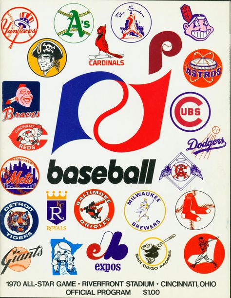 The official program from the 1970 MLB All-Star Game at Riverfront Stadium in Cincinnati, Ohio. BL-3923-74 (National Baseball Hall of Fame Library) Logo All Star, Baseball Teams Logo, Baseball Signs, Baseball Logo, Mets Baseball, Baseball Vintage, Mlb Logos, Baseball Teams, Retro Baseball