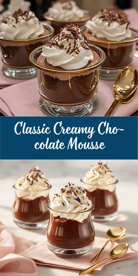 This Classic Creamy Chocolate Mousse is a rich, decadent dessert that is smooth, airy, and bursting with deep chocolate flavor. It’s perfect for special occasions or when you simply want to indulge in a luxurious treat. Dark Chocolate Mousse, Make Ahead Desserts, Espresso Powder, Elegant Desserts, Dairy Free Options, Chocolate Cups, Chocolate Eggs, Creamy Chocolate, Chocolate Shavings