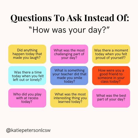 Use these questions to have meaningful conversations with your kids about their experience at school. Check out my latest Blog post where I talk about ways you can incorporate these questions into your interactions with your child and download my FREE resource with 20 questions you can ask your child instead of "How was your day" Instead Of How Was Your Day, Instead Of How Are You, Sel Check In Questions, Conversation Questions For Kids, Open Ended Questions Social Work, Interesting Topics To Talk About Conversation Starters, Silly Questions To Ask Kids, Questions To Ask Kids After School, Questions For Kids Thought Provoking