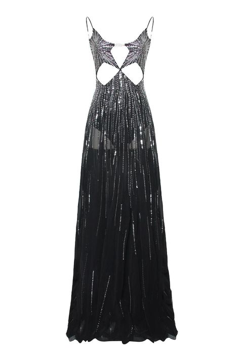 Award Show Gowns, Black Starry Dress, Avant Garde Dress Couture, Grammy Dresses Ideas, Black Dress Jewelry Ideas, Celestial Prom Dress, Silver Dress Formal, Ball Room Dress, Performance Outfit Ideas