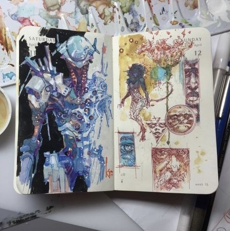 Messy Sketchbook Ideas, Messy Sketchbook, Kenneth Rocafort, Moleskine Sketchbook, Sketchbook Art Journal, Planner Spread, Arte Sketchbook, Arte Inspo, Sketchbook Inspiration