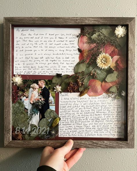 Aesthetic Wedding Ideas Simple, Vow Shadow Box Ideas, Vows Gift Ideas, Wedding Photo Scrapbook Ideas, Framed Vows With Flowers, Pressed Flowers With Vows, Wedding Vow Preservation, Wedding Mementos Ideas, Framed Wedding Vows Wall Art